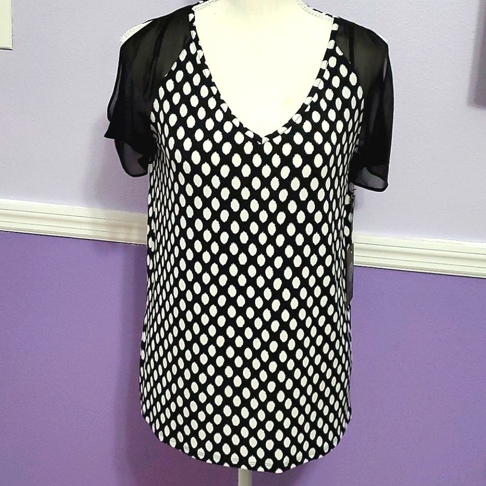 Vince Camuto Classic Modest Chic Black Polka Dots Chiffon Sleeves Top XS